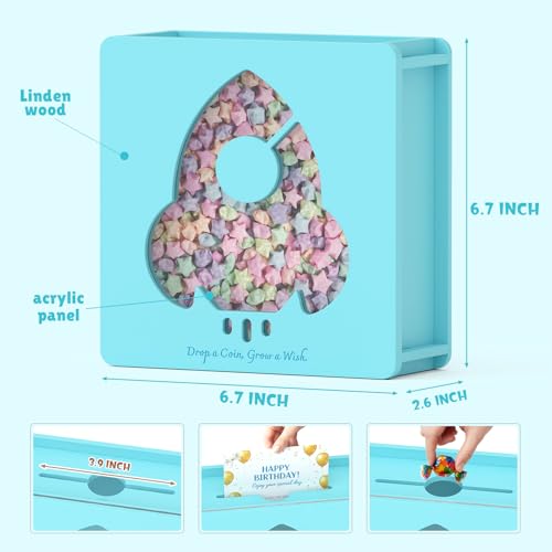 Image of Summidate Wooden Money Saving Box, Clear Window Cash Vault Savings Box with DIY Stickers, Personalized Rocket Piggy Bank for Kids & Adults, Birthday /Baby Shower /Wedding Gift