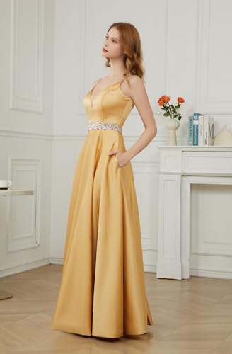 Yexinbridal Spaghetti Straps Prom Dress Long Satin Beaded V-Neck Formal Evening Party Ball Gowns with Pockets - Image 4
