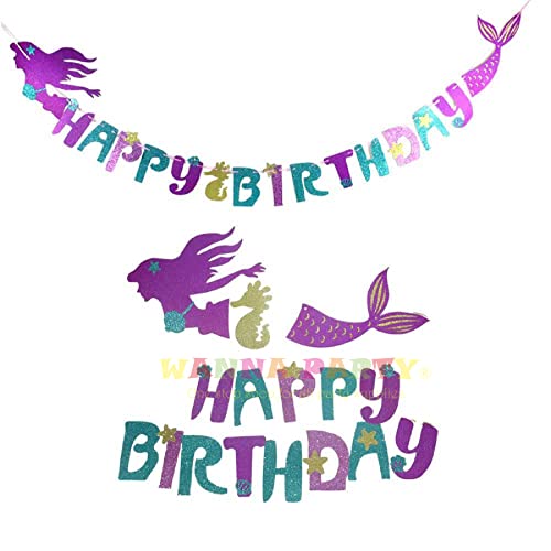 Image of WP WANNA PARTY Wanna Party Glitter Mermaid Birthday Banner Mermaid Party Supplies Favors Decoration Magical Under The Sea Birthday Party Pennant Garland for Girls, Kids and Baby, Blue