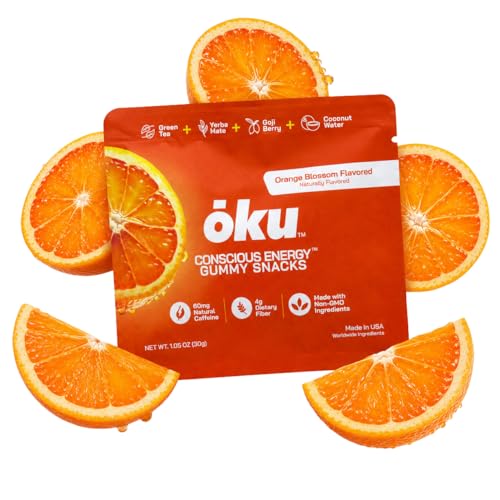 Image of OKU Energy Gummies with Caffeine from Green Tea & Yerba Mate, Clean Energy & Focus, Coconut Water for Hydration, Vegan, Gluten-Free Orange Blossom (8-Pack)