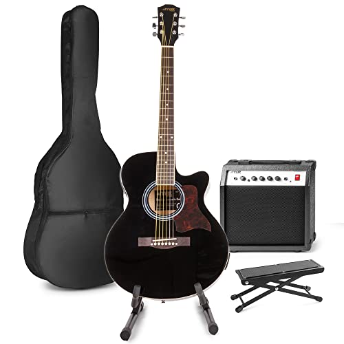MAX ShowKit Guitare Électrique Acoustique avec Support de Guitare et Repose-Pied – Noir, Idéal pour Débuter la Guitare - Les Beatles, Paul McCartney, John Lennon, RIngo Starr, George Harrison MAX ShowKit Guitare Électrique Acoustique avec Support de Guitare et Repose-Pied - Noir, Idéal pour Débuter la Guitare