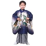 [KYOETSU] [キョウエツ] 羽織袴セット 七五三用 5歳用 絵羽 吉祥文様 フルセット(着物、羽織、縞黒袴、襦袢、履物、角帯、扇子、懐剣、羽織紐、お守り、足袋、腰紐2本) ボーイズ ((08)鷹兜-紺＋黒縞)