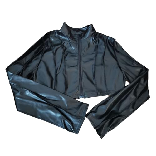 CORIRESHA Women's Stand Collar Overlock Stitch Faux Leather Slim Cropped Zipper PU Jacket3