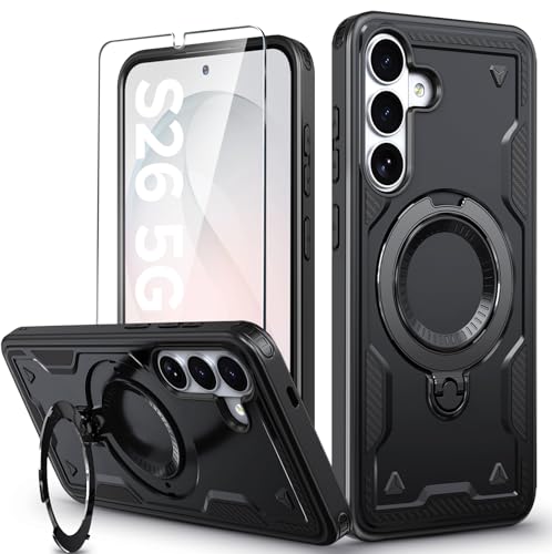 Image of for Samsung Galaxy S26 Case Magnetic with Stand, with Mag-Safe, with Screen Protector, Wireless Charging, Shockproof for Samsung S26 5G Phone Case, Ring Holder Cover for Samsung S26 Black