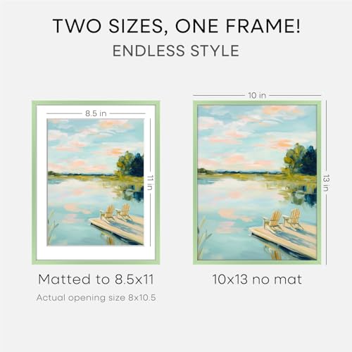Image of Homeforia 10x13 Green Picture Frame, High-End Metal, 8.5x11 Mat, Glass | High End Aluminum, Tempered Glass, Acid-Free 8.5x11 Removable Mat, 10x13 in Edge-to-Edge Display 13x10, Wall Kit, Set Of 2