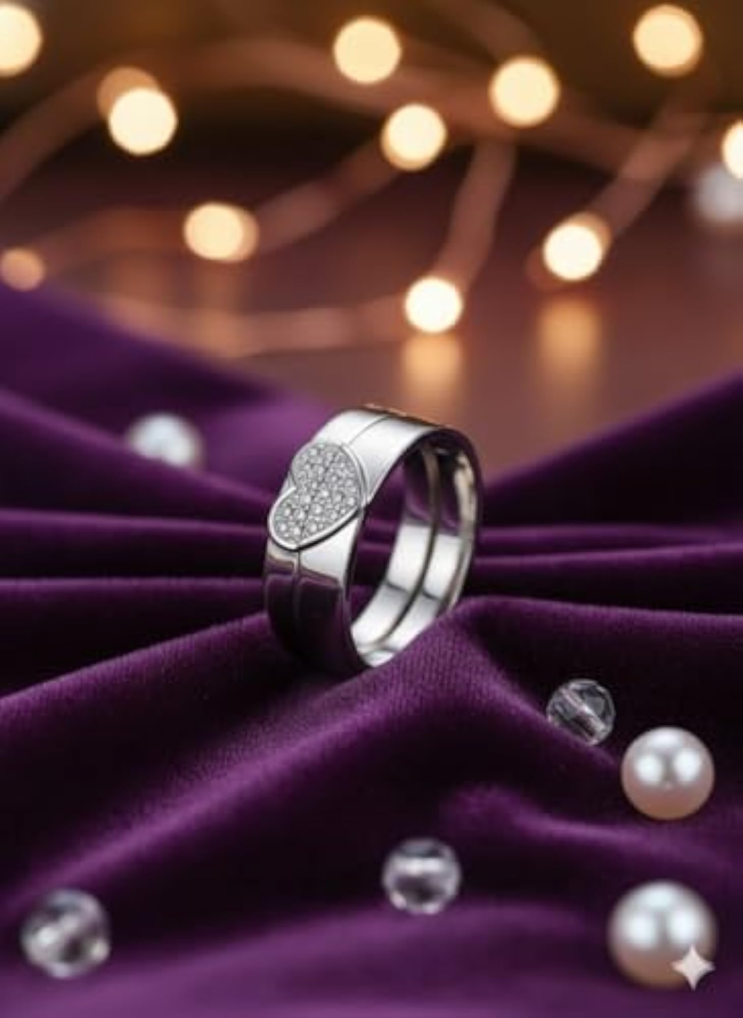 Couple's Adjustable Silver Plated Crystal Heart Rings