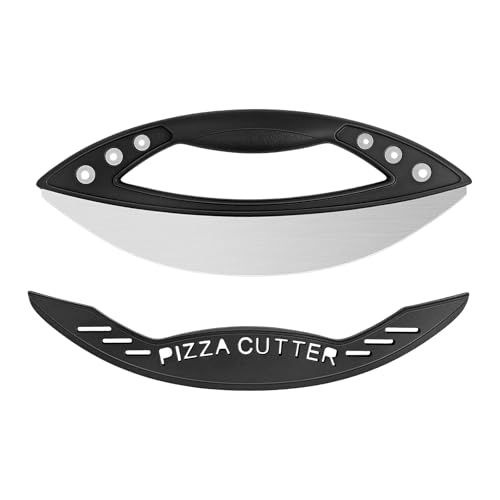 KUONIIY Tagliapizza Rocker, Tagliapizza con coperchio per cuocere la pizza, torta, lama ultra affilata in acciaio inox premium, 29 cm, nero