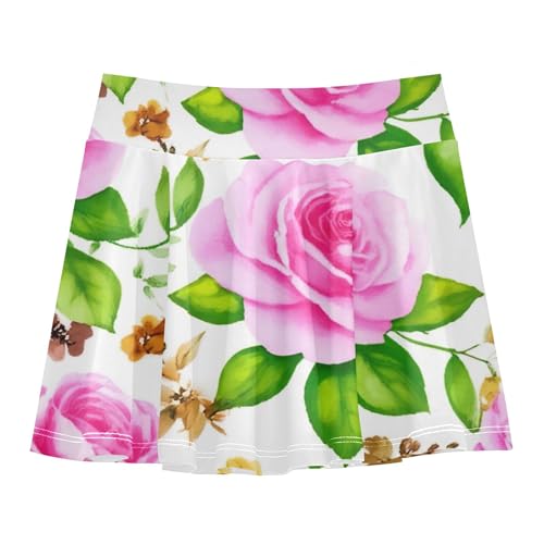 Joisal Athletic Shorts for Girls Skorts Kids Tennis Skirts Cool Pink Girl Skort Watercolor Roses Green Leaves 3t
