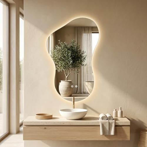 PIUDOC 24×36 Irregular Backlit Mirror Asymmetrical Bathroom Mirror with Lights LED Dimmable Mirror for Bathroom Makeup Area