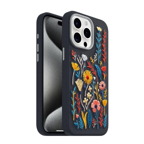 Image of OtterBox iPhone 15 Pro Max Symmetry Series Cactus Leather Embroidery for MagSafe - Enchanted Garden Blue