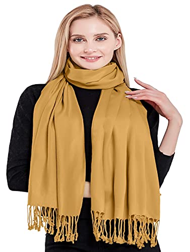 CJ Apparel Light Gold Solid Color Tassels Design Nepalese Shawl Scarf Wrap Stole Throw Head Wrap Pashmina Hand Made in Nepal New4
