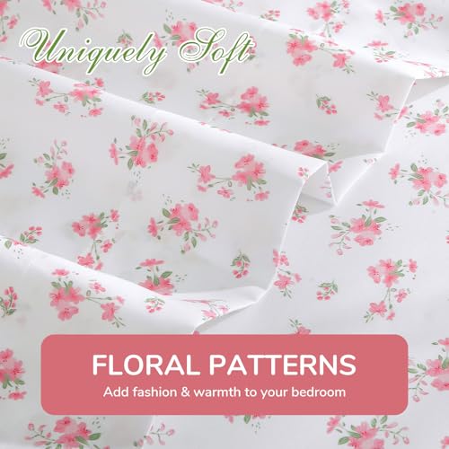 Image of MUXHOMO Queen Size 4 Piece Sheet Set, Soft Breathable Bed Sheet Set for Bedroom with Deep Pocket Up to 16 inch, Wrinkle-Free & Cooling Bedding for Oeko-TEX Certified - Floral Pink