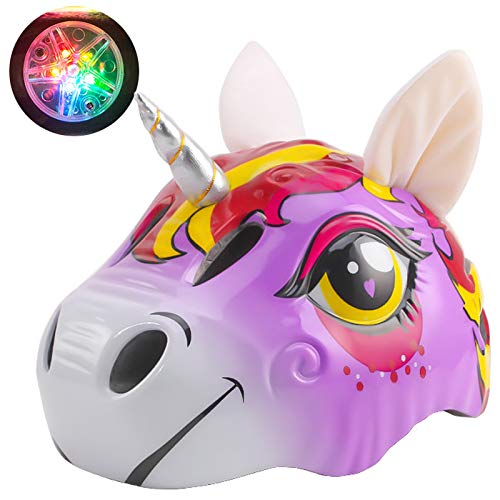 NEWMAN771Her Casco 3D para niños con luz Trasera, Casco de Bicicleta Unicornio para niños Casco de Skate de Bicicleta Divertido para niños Scooter de Patinaje de Seguridad para niños