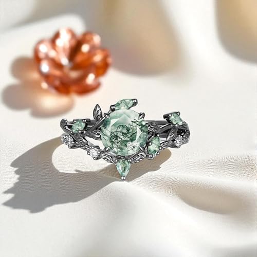 Nature Moss Agate Engagement Ring Set Black Gold Nature Inspired Wedding Rings For Women Moissanite Wedding Band Promise Anniversary Rings2