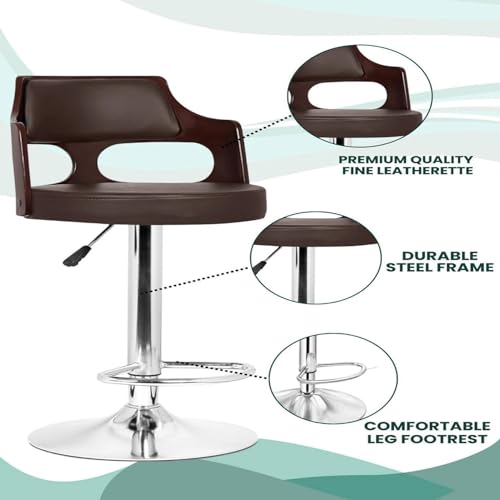 Image of Modern Adjustable Office Chair with Curved Wooden Back, Brown Leather Seat, Chrome Base, Swivel Design for Home Office