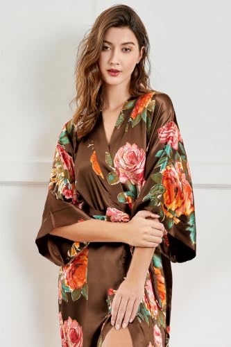 Image of BABEYOND Women's Kimono Robe Long Satin Silky Floral Lightweight Bridesmaid Wedding Bachelorette Party Robe