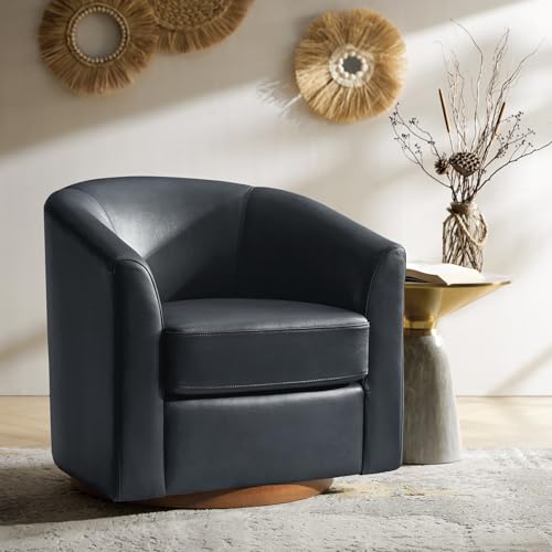 Image of HULALA HOME Genuine Leather Swivel Barrel Chair, Round Swivel Accent Chair with Solid Wood Base, No Assembly Required, Navy