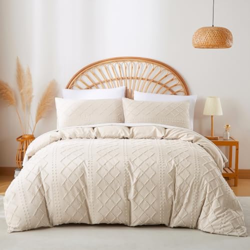 Michorinee Housse de Couette 220x240 Beige Géométrique Broderie Tuftée Parure de Lit Adulte 2 Personnes avec Fermeture Éclair Bohème Style Uni Linge de...
