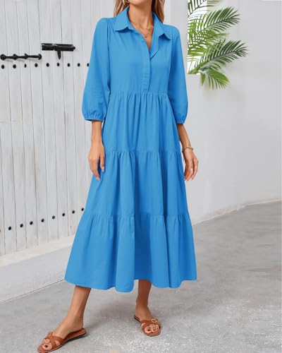 Image of Women Button Down Maxi Shirt Dress Long Sleeve Flowy Tiered Collared Dresses with Pockets