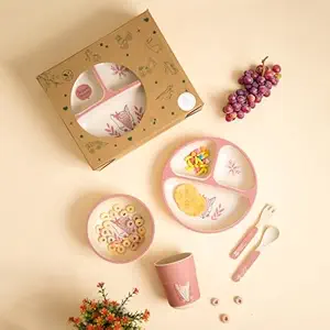 The Bamboo Co Kids/Baby Feeding/Dinner Set of 5 |Kids Crockery Set Tableware |Baby Utensils and Dishes Set | Eco-Friendly |Organic & Natural (Feisty Fox)