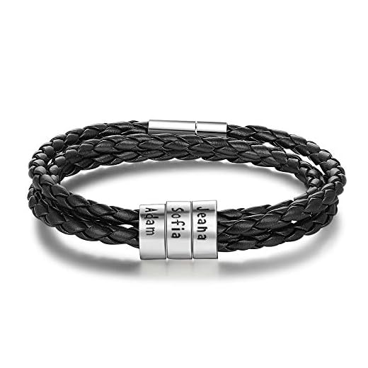 DaMei Personalizada Pulseras para Hombre Cuero con Nombre para Familia Pareja Brazalete Plata Hombre Mujer Pulsera de España - Ideas Regalo para Hombre da Cumpleaños Aniversario