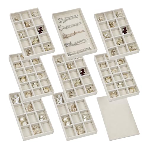 8 Stackable Jewelry Trays, Velvet, Adjustable, Beige