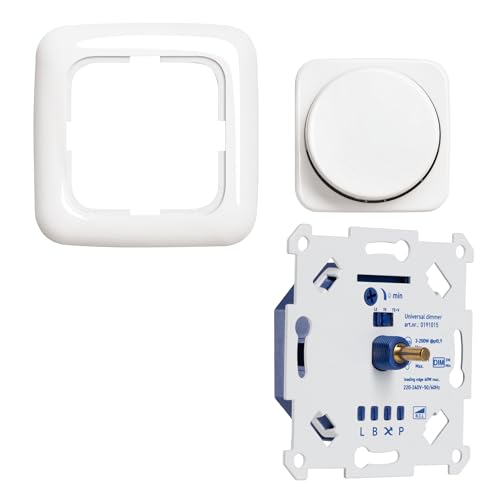 LED-Dimmer 3-250W Digital, nur 16 mm Einbautiefe, 2-Draht-Technik zur Nachrüstung, LED Halogen Glühlampen, Komplettset mit Busch-Jaeger Reflex-SI alpinweiss Phasenanschnitt und Phasenabschnitt