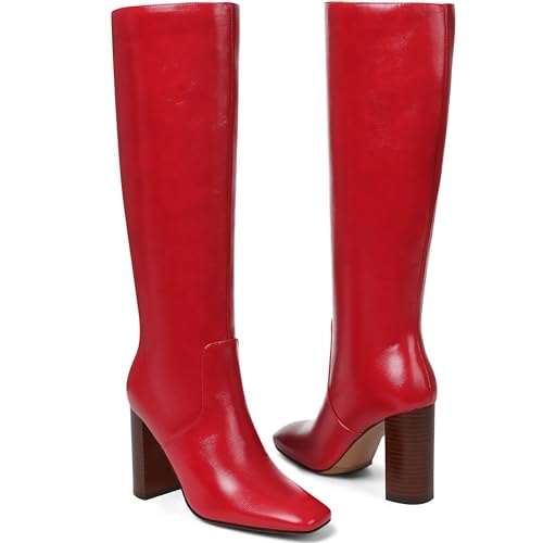 Knee High Boots for Women, Chunky Heel Faux Leather Boots Women's Comfortable Square Toe Shoes Long Tall Wide CalfBoots Dress/Casual Boot with Side Zipper2