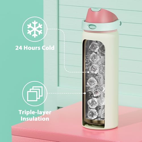 Image of 32 oz Insulated Water Bottle with Straw: Meoky Stainless Steel Metal Water Bottle with 2-in-1 Lid - Leak Proof, Cold for 24 Hours, Protective Silicone Base, BPA-Free for Sports Gym, Cream