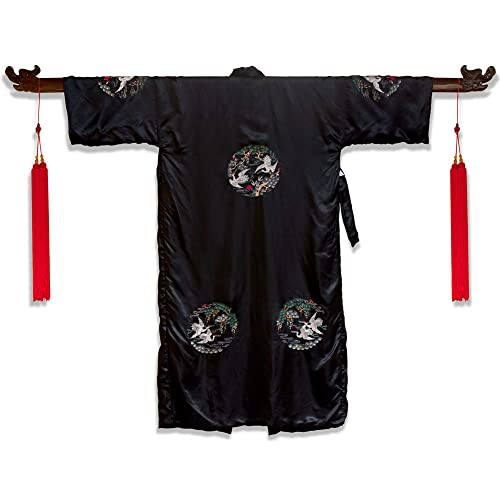 ChinaFurnitureOnline Black chinese Silk Robe with Crane Motif