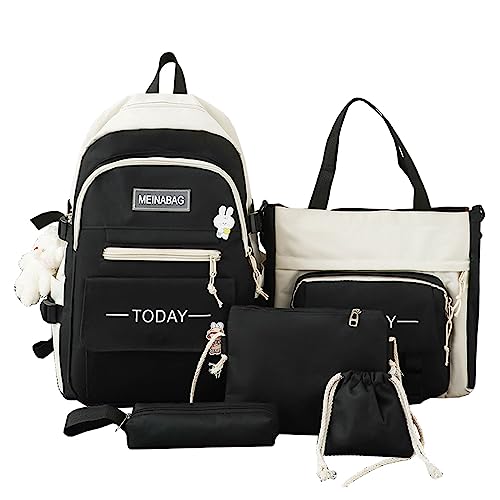 5Pcs Kawaii Backpack Cute Backpack for School Aesthetic Backpack Kawaii School Supplies Backpack Set with Accessories (Black)