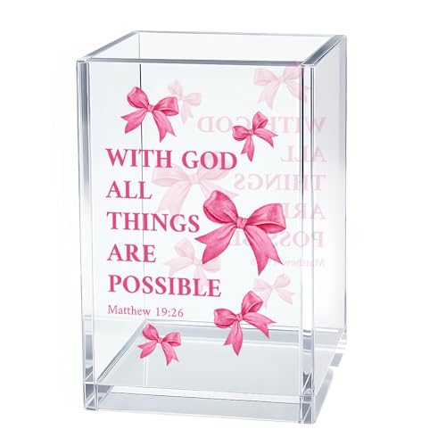 Image of With God All Things Are Possible Bible Pen Holder Makeup Organizer, Funny Bow Christian Pencil Pen Holder for Desk, Matthew 19:26 Bible Verse Pencil Cup, Religious Gifts for Book Lover Teacher