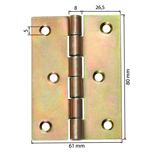 8 Gerollte Scharniere Türscharniere halbbreit Retro 80 x 60 mm Gelb Verzinkt