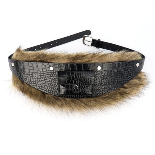 Halloween Costume Women Vintage Faux Fur Belt Medieval Viking Punk PU Leather Waistband Cosplay Accessory Furry Belt
