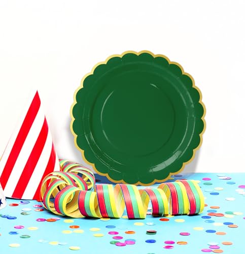 Image of HEIPINIUYE 50 Pieces Green Paper Plates with Gold Foil 7 Inch Disposable Green Scalloped Dinner Plates for Wedding Baby Shower Birthday Christmas Party Dessert Plate