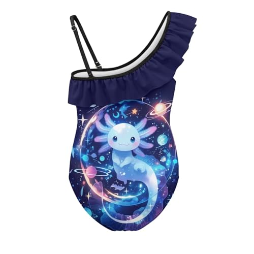 Image of WELLFLYHOM Axolotl Girls One Piece Swimsuits 3-14 Ruffle One Shoulder Bathing Suits Full Coverage Beachwear