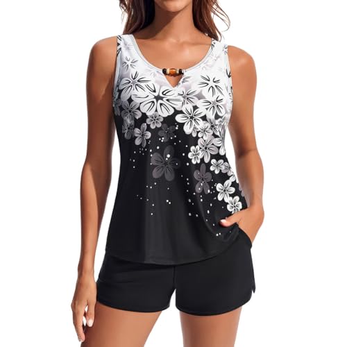 Hanna Nikole Tankini Damen Set Sport Badeanzug für Damen Sport Badeshorts Modisch Drucken Tanktop Sportshorts mit Tasche