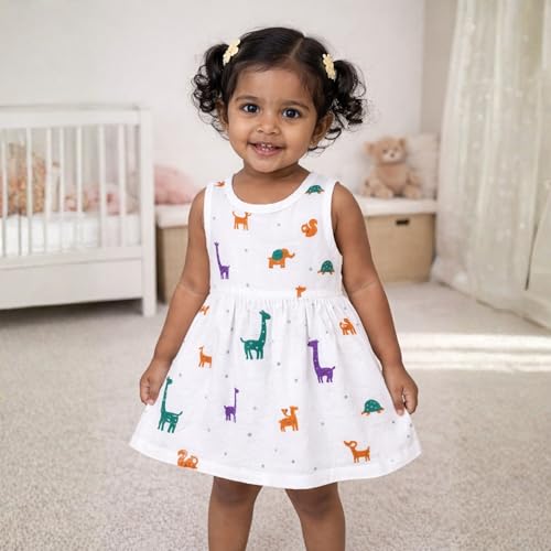 Image of The Boo Boo Club Girls Cotton Muslin Printed Dress | Short Sleeve Knee-Length Summer Girls Frock | Soft Breathable