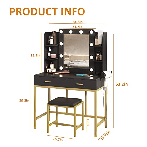 Image of Vanity Desk with Mirror and 10 Led Lights, with Charging Station, Makeup Table Set with Lighted Morror, with 3 Lighting Modes and 2 Drawers&Cushioned Stool for Bedroom