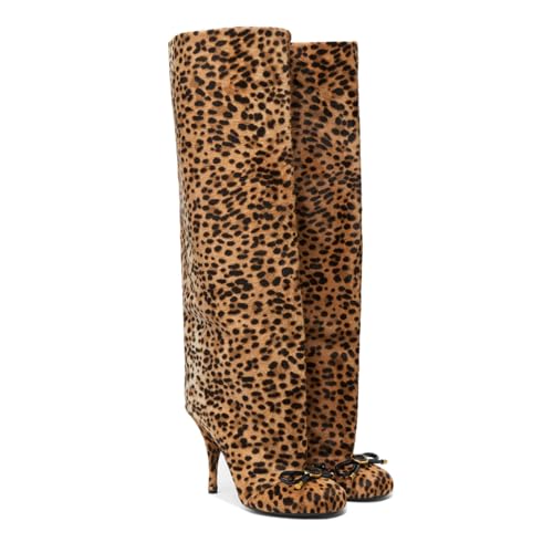 Goolita Women's Bow Leopard Knee High Boots Round Toe Stiletto Heels Fashion Slip on Wide Calf Tall Boots2
