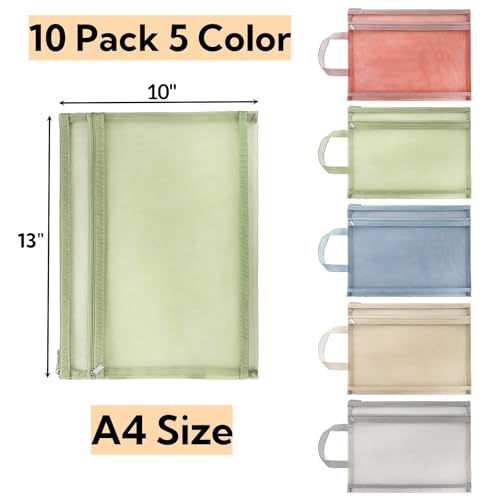 Image of Goaste 10 Pack Mesh Zipper Pouch Bags, Double-Layer Nylon Mesh Bags with Handle, Portable Puzzle Building Block Sets Toy Storage Bags, Colored A4 Document Storage Organizer for School Office Games