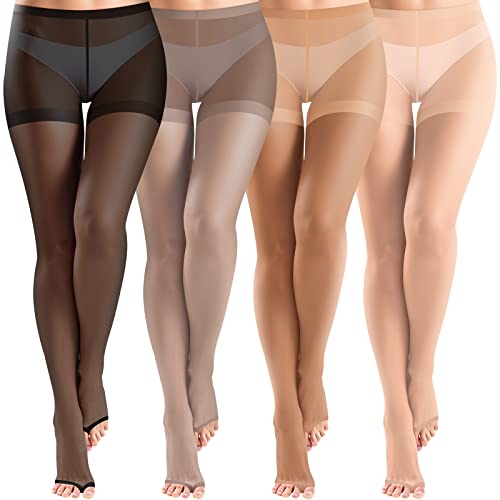 Bencailor 4 Pcs Womens Toeless Pantyhose Sheer Tights Footless Tights Open Toe Pantyhose High Waist Leggings Women Mesh Thigh High Stockings