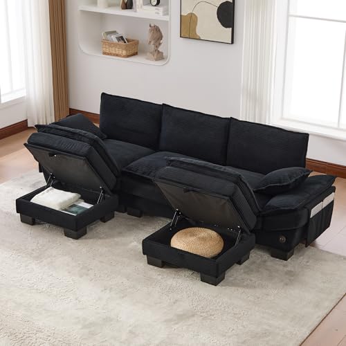MODENVIE Sofá modular de 3 plazas con 2 taburetes, asiento ancho ergonómico, sofá de salón con conexión -C, sofá de salón con bolsillos laterales, color negro