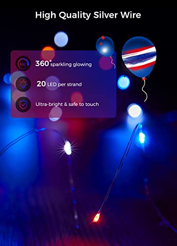 Image of Brightown 4th of July Decor Patriotic Fairy Lights, 7 FT. Silver Wire Red White Blue String Lights, Firefly Starry Moon Lights, Micro LED Mini Fairy Lights for Jars DIY Picture Wedding