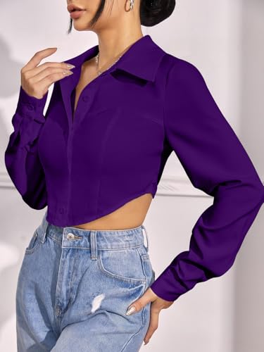 Image of GRECIILOOKS Women`s Oversized Fit Crop Top Shirt | Casual Long Sleev Stylish Collared Shirts for Womens | Comfortable Rich Korean Button Down | Formal Look Stylish Trendy Shirts