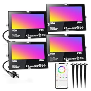 LED Flood Light Outdoor 500W Equivalent 5000LM,Bluetooth RGBW Colored Floodlight Landscape Lighting with APP Control,DIY Scenes,Timing, IP66 Waterproof,2700K,Color Changing Uplight with Ground Stakes