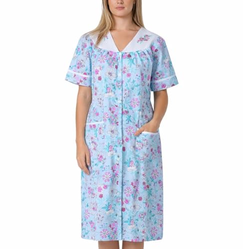 Image of Women's Short Sleeve Woven Snap-Front Closure Floral Embroidery Housecoat Duster Lounge Nightgown Robe with Front Pockets