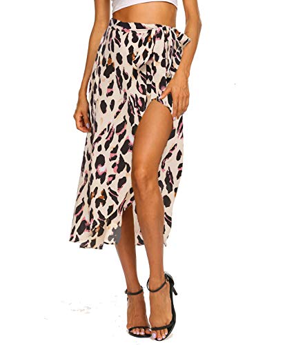 Newchoice Women's Boho Leopard Skirt High Low Split Summer Beach Midi Wrap Skirts