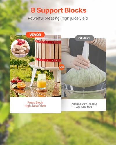 Image of VEVOR 1.6 Gal /6L Fruit Wine Press, Solid Wood Basket with 8 Blocks, Heavy Duty Manual Juice Maker, Cider Apple Grape Tincture Honey Olive Oil Making Press with Handle for Kitchen, Home