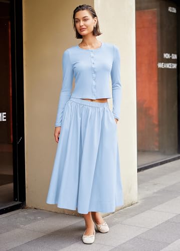 Image of Panadila Womens 2 Piece Lounge Sets Matching Vacation Outfits Ribbed Button Down Cardigan and Elastic Waist Skirt Sets
